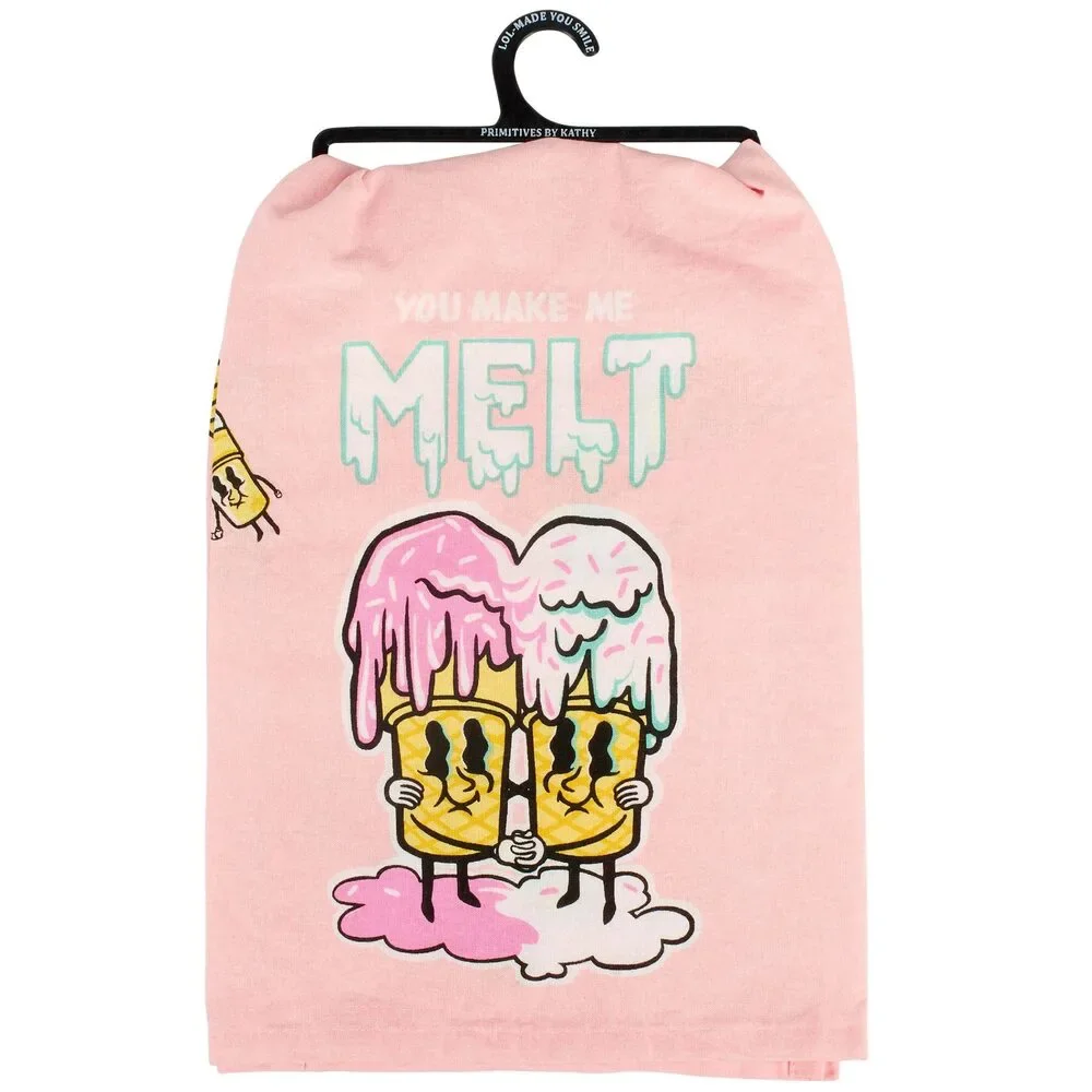 You Make Me Melt Kitchen Towel | Pink Ice Cream Cotton Dish Towel | 28” x 28”
